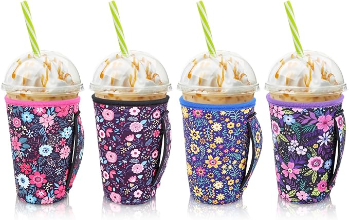4Pack Reusable Iced Coffee Sleeve Insulator Sleeves for Cold Drinks Beverages, Neoprene Cup Holder for Most Coffee, Fits 22-24oz Medium Cups(Flower)