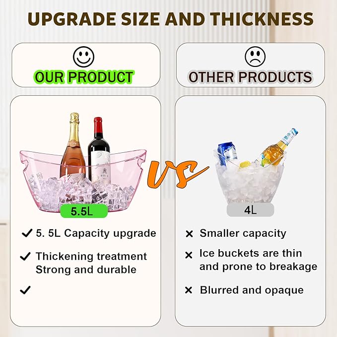 Ice Buckets for Parties, 2 PCS Acrylic Champagne Beverage Drinks Buckets Tub for Cocktail Bar, Long and Narrow 5.5 Liter Bucket for Party(5.5L) (Pink)