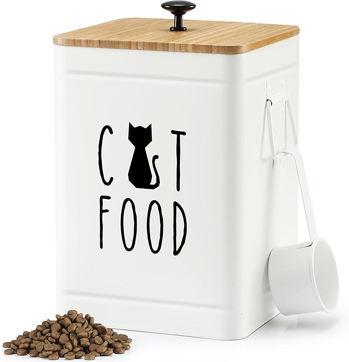PERFNIQUE Cat Food Storage Container, Airtight Cat Treat Container with Bamboo Lid, 25 Cup Pet Food Storage for Kitchen Countertop, Treat Jars for Pets, Cat Food Container (White, with Spoon)
