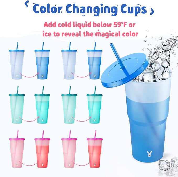 Meoky Plastic Cups with Lids and Straws - 6 Pack 40 oz Tumblers Bulk, Reusable Color Changing Cups for Party, Car, Women, Adults, Iced Coffee, BPA-free