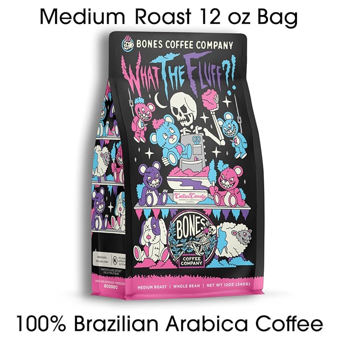 Bones Coffee Company What the Fluff?! Berry Cotton Candy Flavored Coffee, Medium Roast Low Acid Arabica Beans Compatible with Auto drip and French Press Coffee Maker, 12 Oz Ground