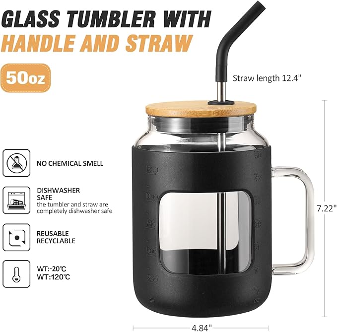 WINSA 50 oz Glass Water Bottles with Silicone Sleeve,Glass Tumbler with Lid and Straw,Iced Coffee Cup with Handle,BPA Free-Black