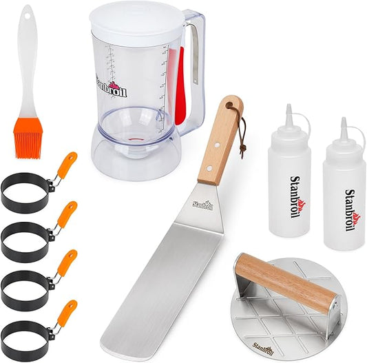 Stanbroil Griddle Accessories with Smashed Burger Press, 10PCS Griddle Kit Set, Pancake Batter Dispenser, Stainless Steel Bacon Press & Scraper, Basting Brush, 4 Egg Rings & 2 Oil Bottle