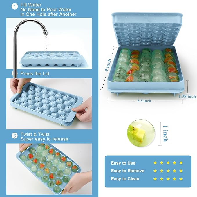 Round Ice Cube Trays for Freezer,1"x33 PCS Round Ice Cube Mold,Small Circle Ice Cube Tray with Lid,Ice Ball Maker Mold Making Sphere Ice Cube Chilling Drinks,Coffee(Round Ice Cube Trays)