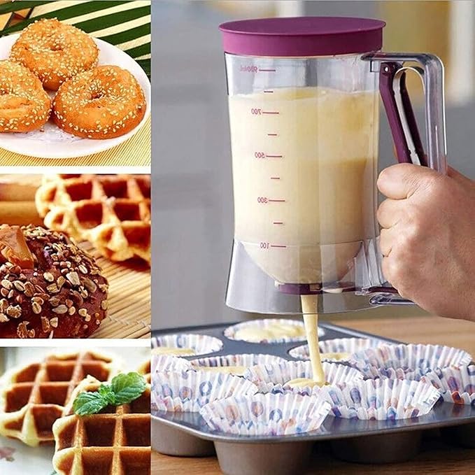4 Cup Pancake Cupcake Batter Dispense, 900mL Pancake Dispenser For Batter With Measuring Label Squeeze Handle Bracket and Silicone food brush for Cupcakes Crepes, Cake or Any Baked Goods