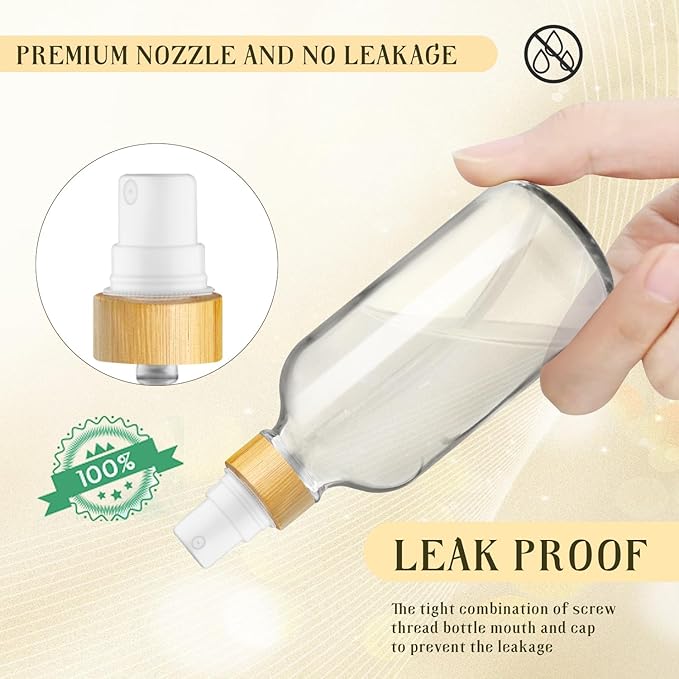 4-Pack 4 Oz Glass Spray Bottle with Bamboo Lid,Empty Refillable Fine Mist Atomizer,Leak-Proof Travel Liquid Holder Container for Cologne,Essential Oils,Room Sprays,Cleaning Solutions (Clear)