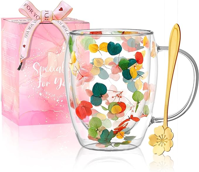 Gifts for Women Dried Flowers Double Wall Glass Coffee Mugs Cute Glass Tea Cups with Handles Christmas Birthday Gift for Best Friend Teacher Mum Gifts New Home Gift Ideas Autumn Mug Home Decor