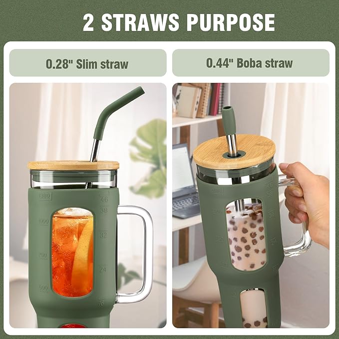 WINSA Glass Tumbler with Lid and Straw, 46 oz Iced Coffee Cup with Handle, Large Water Bottles with Silicone Sleeve, Glass Cup with Straws - Pearl Straw & Drinking Straw BPA Free-Olive