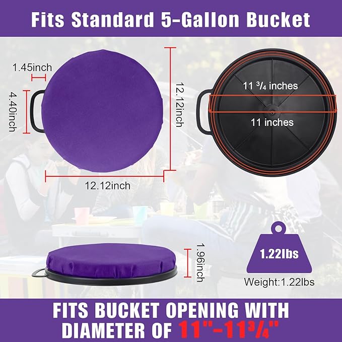 Foxtune 360-Degree Swivel Bucket Seat, 5 Gallon Bucket Lid, Spin Bucket Seat Cushion, Silent, Comfortable, Water-Resistant, for Fishing, Gardening, Hunting and Camping (Purple)