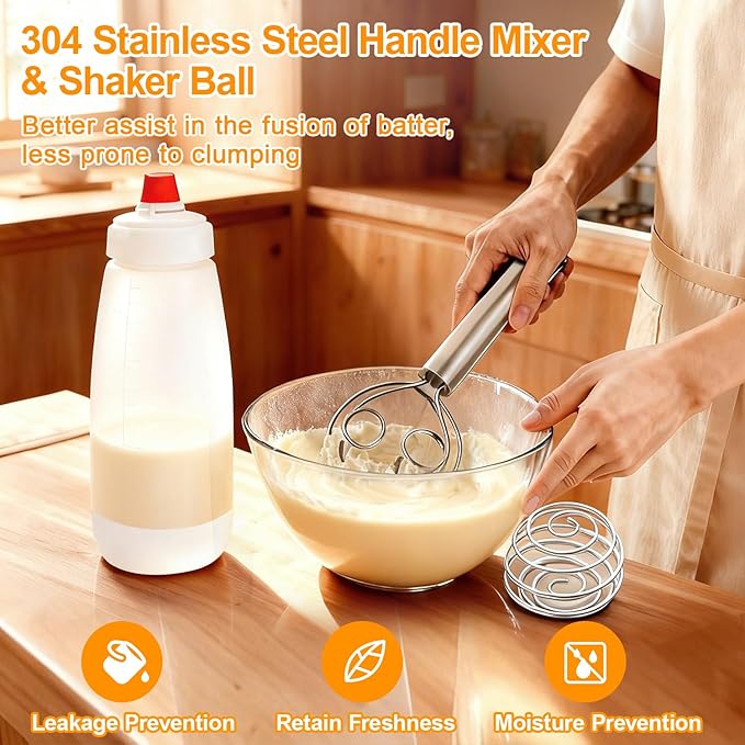 Pancake Batter Dispenser Bottle Kit - 4.5-Cup Pancakes Mixer with Shaker Ball Stainless Steel Whisk and Brush,Squeeze Bottles for Cupcake Muffin Waffle Crepe