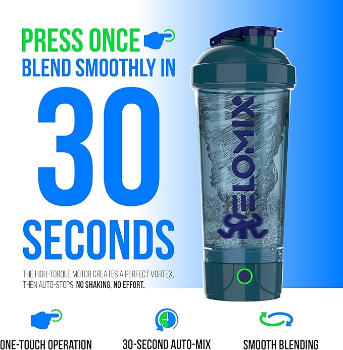 VELOMIX Electric Protein Shaker Bottle - 24 oz | USB-C Rechargeable | Leak Proof Shaker Cups for Protein Shakes | Portable Blender for Shakes and Smoothies (Electric - Blue)