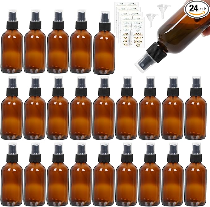 STARSIDE 24 Pack 4 oz Amber Glass Spray Bottles with Fine Mist Sprayer,120 ml Glass Travel Bottles for Cosmetic Essential Oils Cleaning Solutions Perfumes & Liquids