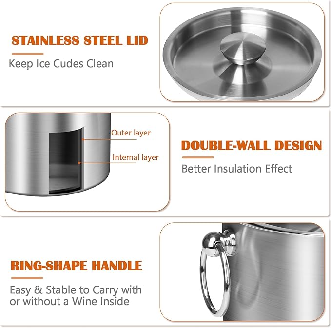Ice Bucket with Lid & Tong- Well Made Insulated Stainless Steel Keep Ice Frozen Longer - Ideal for Cocktail Bar, Parties, Chilling Wine, Champagne - 3 Liter (Stainless Steel)