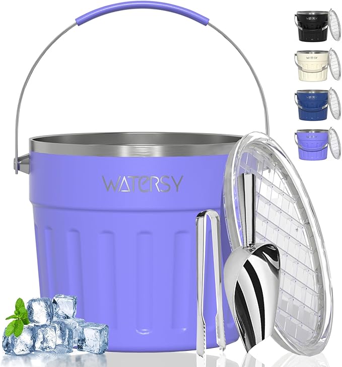 WATERSY Insulated Ice Bucket（8 Quart / 7.6 L） with Lid, Scoop, Ice Tong，Wall Vacuum Stainless Steel, Purple