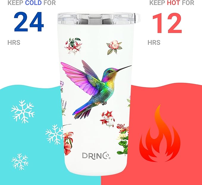 Drinco - 20 oz Stainless Steel Tumbler | Double Walled Vacuum Insulated Mug With Lid, 2 Straws, For Hot & Cold Drinks (20oz Hummingbird)