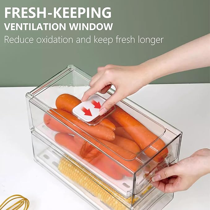 2 Pack Fruit Storage Containers for Fridge, Stackable Refrigerator Organizers with Strainer Layer,Reusable Storage Containers Clear Fridge Drawer for Produce,Vegetable in Kitchen,Fridge,BPA-Free