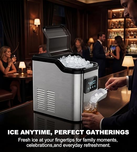 Landeagle Nugget Ice Makers Countertop,Portable Pebble Ice Machine with Crushed Ice,45lbs/Day Soft Pellet Ice Maker Stainless with 24H Timer, Self-Cleaning Chewable Sonic Ice for Home,Kitchen,Office