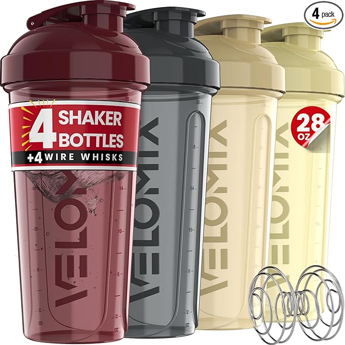 VELOMIX -4 PACK- 28 oz Protein Shaker Bottle for Protein Mixes - 4x Wire Whisk | Leak Proof Shaker Cups for Protein Shakes | Protein Shaker Bottle Pack | Protein Shake Cup (Burgundy Pack)