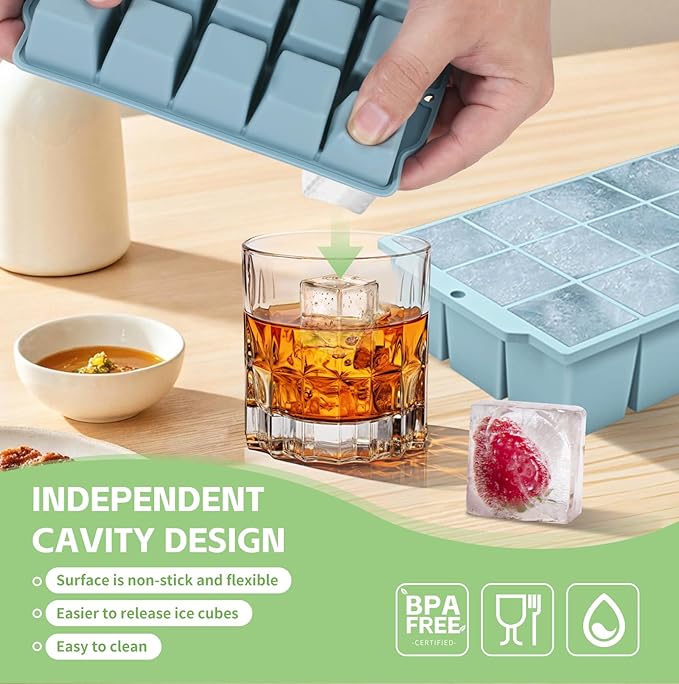 Silicone Ice Cube Tray with Locks Lids, Easy Release Flexible 15 Square Ice Trays for Freezer, Stackable & Reusable Ice Cube Mold for Whiskey, Cocktails, Baby Food, BPA Free, 2 Pack (Blue)