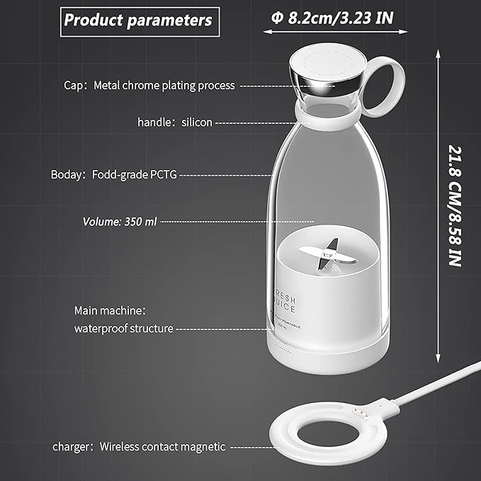 Personal Portable Blender, 350ml USB Rechargeable Smoothie Maker with Stainless Steel Blade, BPA-Free & Easy Clean, Compact Travel Cup for Gym, Office, Home (White).