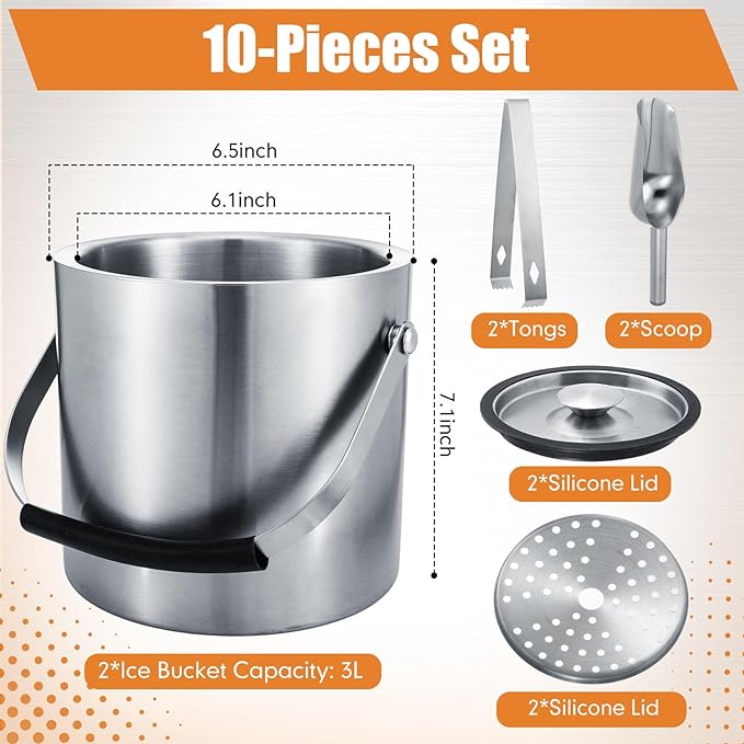 2 Pcs 3l/3.17qt Insulated Ice Bucket with Silicone Lid, Scoop, Tongs Strainer Stainless Steel Double Wall Insulated Ice Buckets for Parties Cocktail Bar, Outdoor Champagne Container Bin