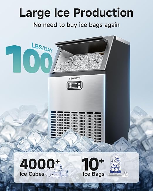 EUHOMY Commercial Ice Maker Machine, 100lbs/24H Stainless Steel Under Counter ice Machine with 33lbs Ice Storage Capacity, Freestanding Ice Maker.