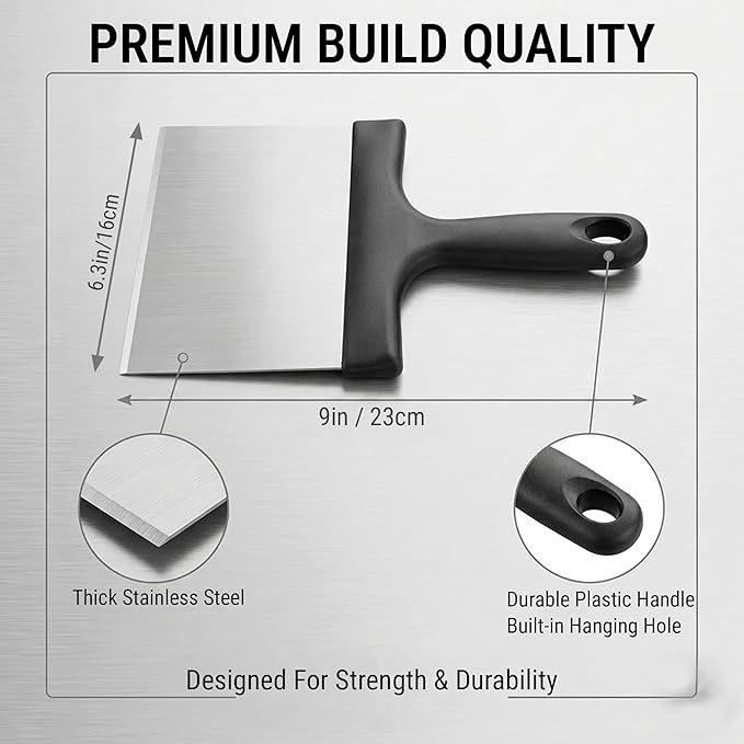 Grill Scraper, Stainless Steel Food Scraper with Handle – Heavy Duty Grill Scraper for Outdoor Grill, Flat Top Grill Cleaner, BBQ Tools & Accessories for Easy Grease and Stain Removal (Style 02)