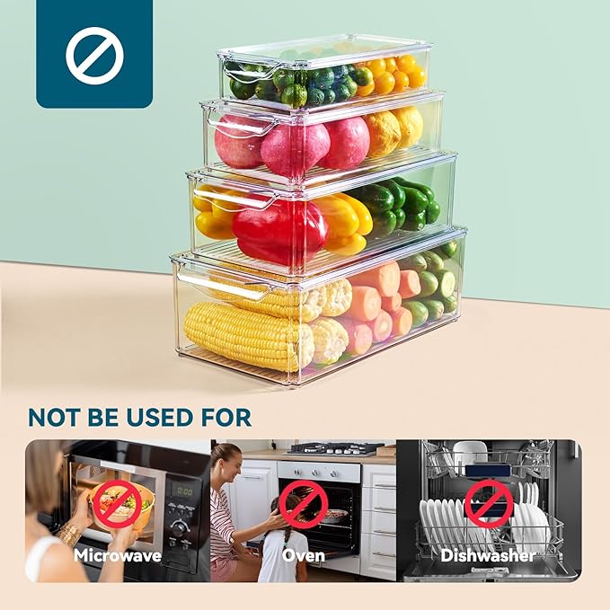 Luckore 4 Piece Refrigerator Organizer Bins, Clear Fridge Organizers and Storage, Stackable with Lids, Food Storage Containers for Fruit, Vegetable, Drinks, Cereals