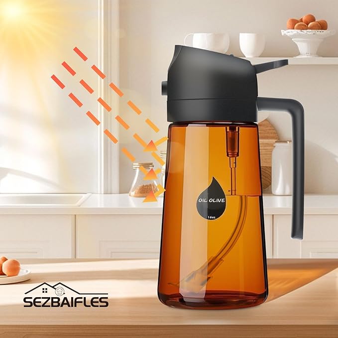 2 in 1 Oil Sprayer for Cooking, Olive Oil Dispenser Bottle for Kitchen Spray and Pour, 16oz/470ml Light-Blocking Dark Amber Glass Brown Bottle, Food-Grade Oil Mister for Air Fryer Green Cap