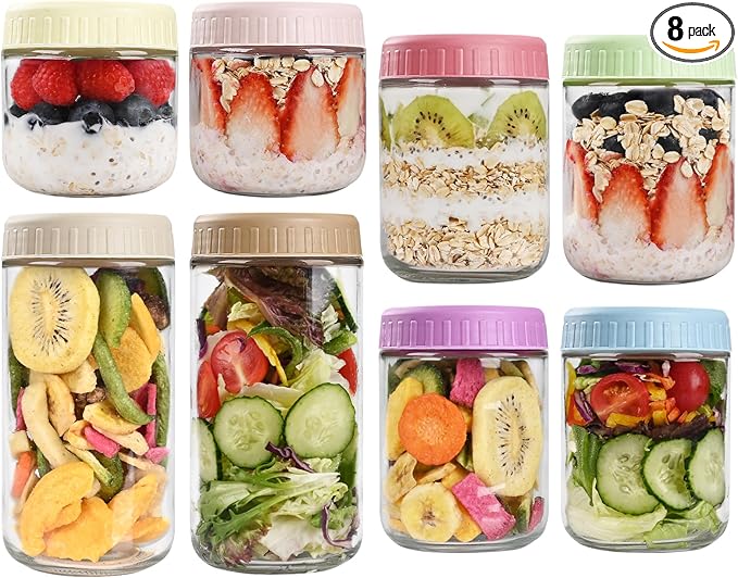 SHOWIN Overnight Oats Containers with Lids, Glass Jars with Lids 8 pcs, Wide Mouth Mason jars for Salad, Yogurt, Snacks, Meal Prep