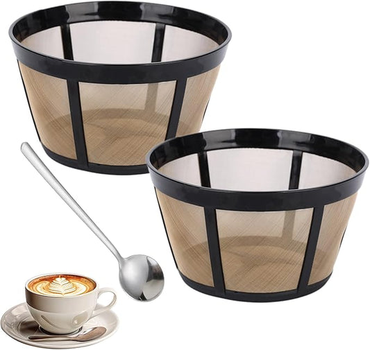 2 Pack Reusable Coffee Filter Fit for BUNN 8 10 12 Cup Coffee Maker and Brewer Series BX, BTX, GRX, NHB, NHS, ST, HG & H, Stainless-Steel Woven Mesh with Coffe Spoon