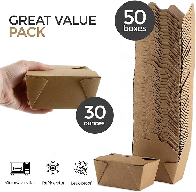 Stock Your Home Take Out Food Containers Microwaveable Kraft Brown Take Out Boxes 30 oz (50 Pack) Leak and Grease Resistant for Restaurant, Catering and Party