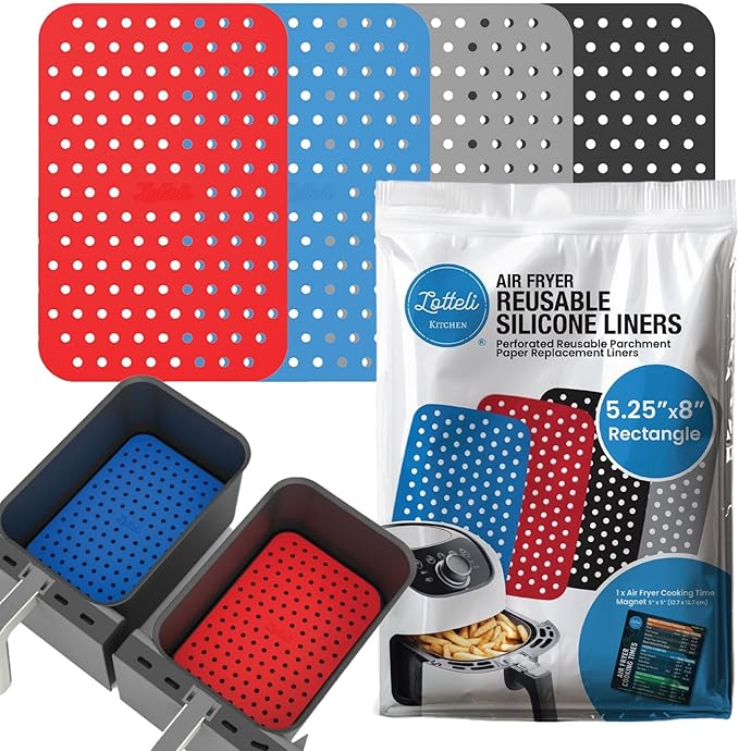 Reusable Air Fryer Liners 4 Pack for Dual Basket Fryers - Rectangle Silicone Airfryer Liners - 5.25 x 8” for Basket - Easy to Clean Air Fryer Accessories - Non-Stick Parchment Paper Replacement