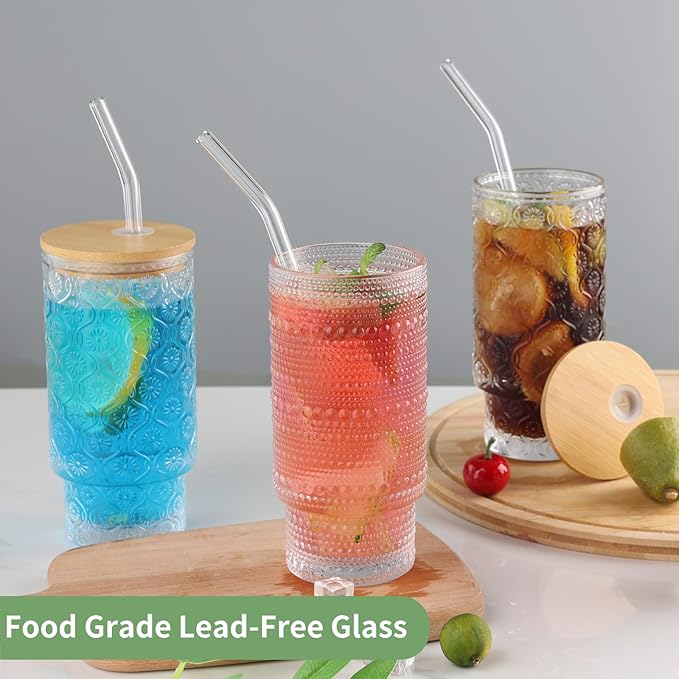 16oz Glass Cups with Lids and Straws, 2 Pack Vintage Drinking Glasses Tumblers Begonia Flower Iced Coffee Cups for Kitchen, Home, Office, Gifts