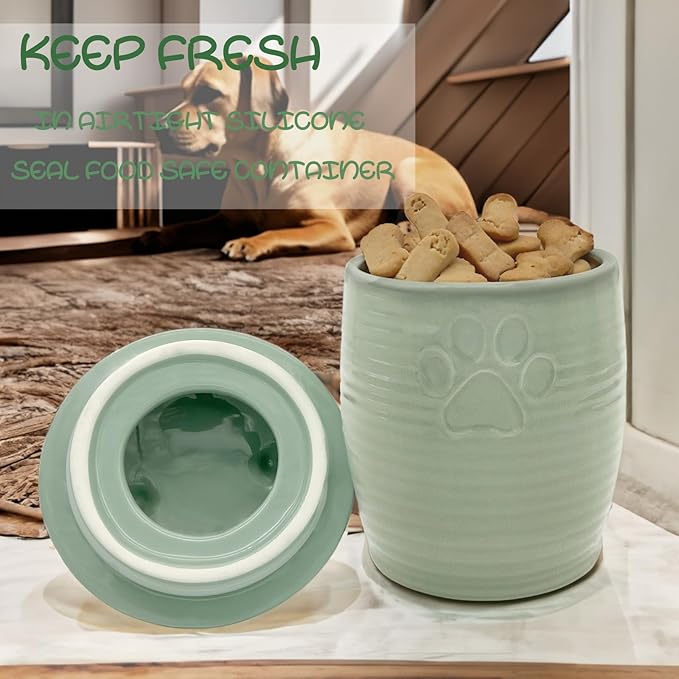 Large Dog Treat Container Airtight, Cute Dog Treat Jar with Lids,Rustic Dog Treat Storage Container, Ceramic Cat Food Jars for Kitchen Counter, Green