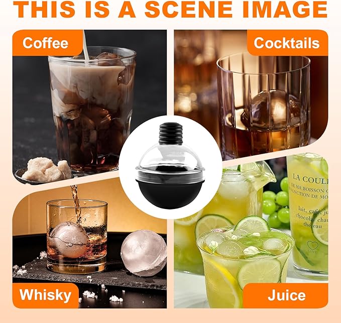 Round Ice Cube Mold - Set of 4 Large Ice Ball Maker Mold For Whiskey Cocktails, BPA Free Reusable Silicone Ice Cube Molds With Lid
