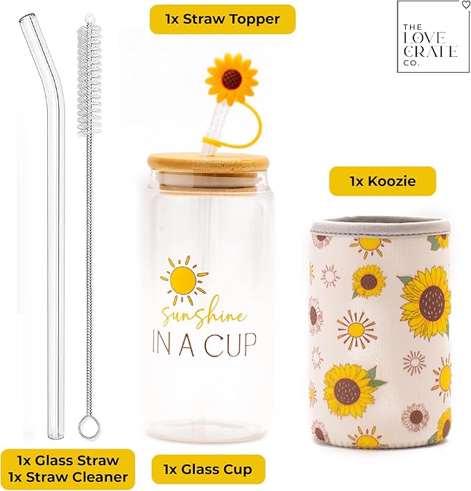 The Love Crate Co. Sunflower Gifts for Women - Glass Tumbler with Lid and Straw, Customized Straw Stopper and Cup Sleeve. Aesthetic Unique Design Iced Coffee Gift Cup for Mom, Teacher, Friend