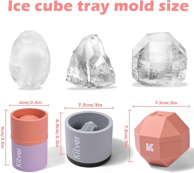 Whiskey Ice Cube Tray Set 3-Pack - Create Iceberg, Atomic Sphere & Large Round Clear Ice Cubes for Cocktails, Slow-Melting & Reusable, BPA-Free Silicone Trays with Leakproof Lids