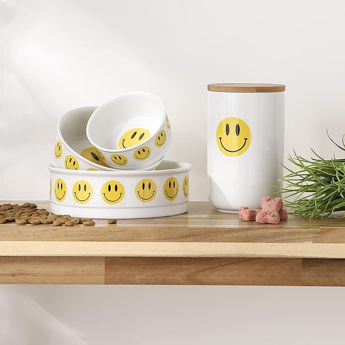 Bone Dry Ceramic Pet Treat Canister with Bamboo Lid, Dishwasher Safe, Countertop Storage, Keep Dog & Cat Treats Safe & Dry, 4x6.5", Smiley Face