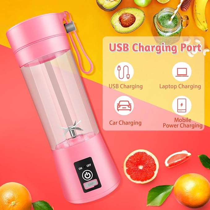 Portable Personal Blender for Shakes and Smoothies with 6 Blades, 380ml Fresh Juice Blender with Rechargeable USB Port