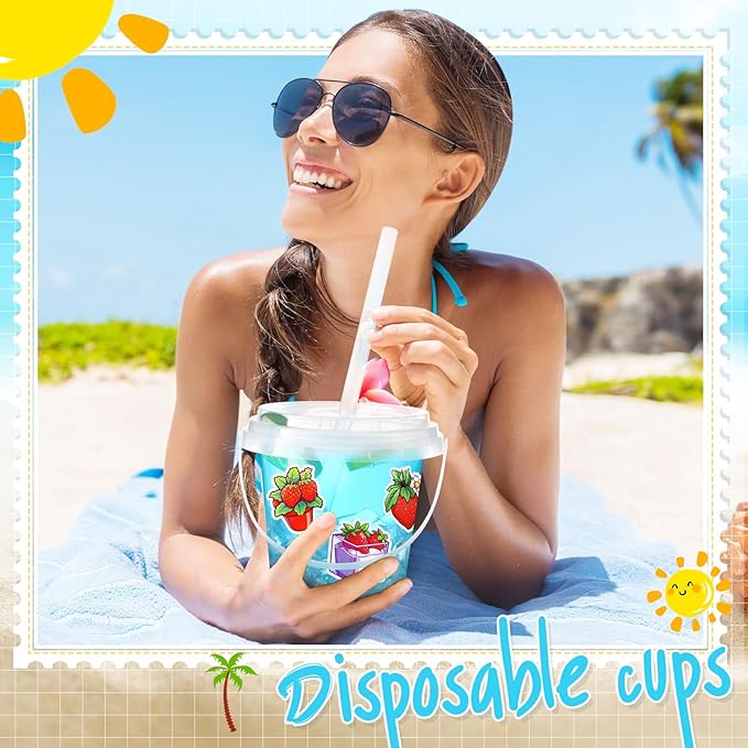 Funnymoom 30 Set Strawberry Clear Plastic Cups with Lids & Straws 24oz Disposable Rum Drink Buckets Bulk for Cocktail Parties with Handles & Stickers for Holiday Birthday Beach Pool Party Supplies