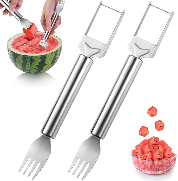2-in-1 Stainless Steel Fruit Cutter, 2 Pcs Watermelon Fork Slicer Cutter, Dual Head Watermelon Cuber Cutting Tool Knife Summer Fruit Cutting Fork for Home Party Camping Kitchen Gadget