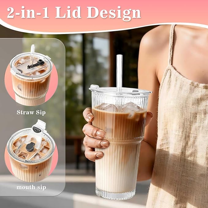 20oz Glass Tumblers with Lids and Straws, Set of 2, Reusable Iced Coffee Cups, Vintage Drinking Glasses, Ribbed Glassware for Whiskey Cocktail Beer, Juice, Style Glasses for Party, Gifts
