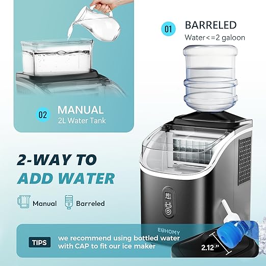 EUHOMY Ice Cube Maker Machine Countertop with External Water Tank, 2 Ways to Add Water, 34Lbs/Day, 16Pcs Ready in 7 Mins, Auto-Cleaning, with Ice Scoop & Basket, for Home/Kitchen/Office/Bar (Black)