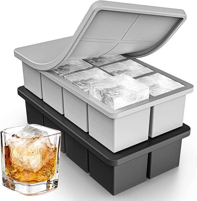 Silicone Large Ice Cube Tray for Whiskey, Lxndaser 2 Pack Square Ice Cube Molds, 2 Inch Big Silicone Old Fashioned Ice Tray, Leakproof Stackable Ice Trays With Lid for Freezer, Cocktails, Iced Coffee
