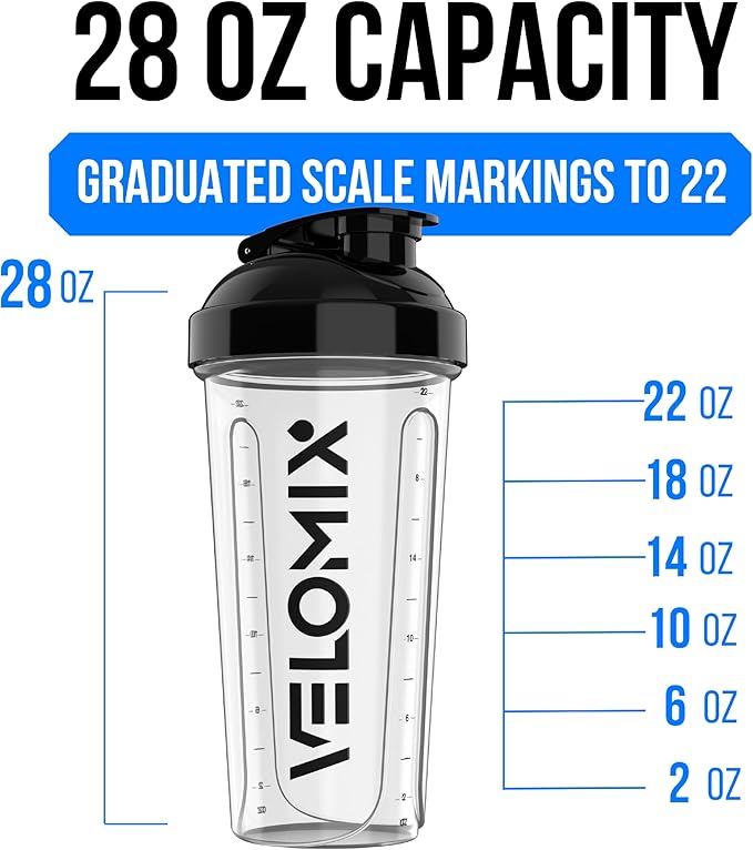 VELOMIX -6 PACK- 28 oz Protein Shaker Bottle for Protein Mixes -6x Wire Whisk | Leak Proof Shaker Cups for Protein Shakes | Large, Stackable Protein Shaker Bottle Pack