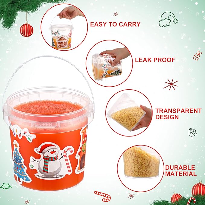 PerKoop 20 Pcs 32 oz Ice Cream Buckets with Lids and Handles Clear Cocktail Rum Buckets with Stickers Plastic Transparent Tub Reusable Food Storage Containers for Parties(Santa)
