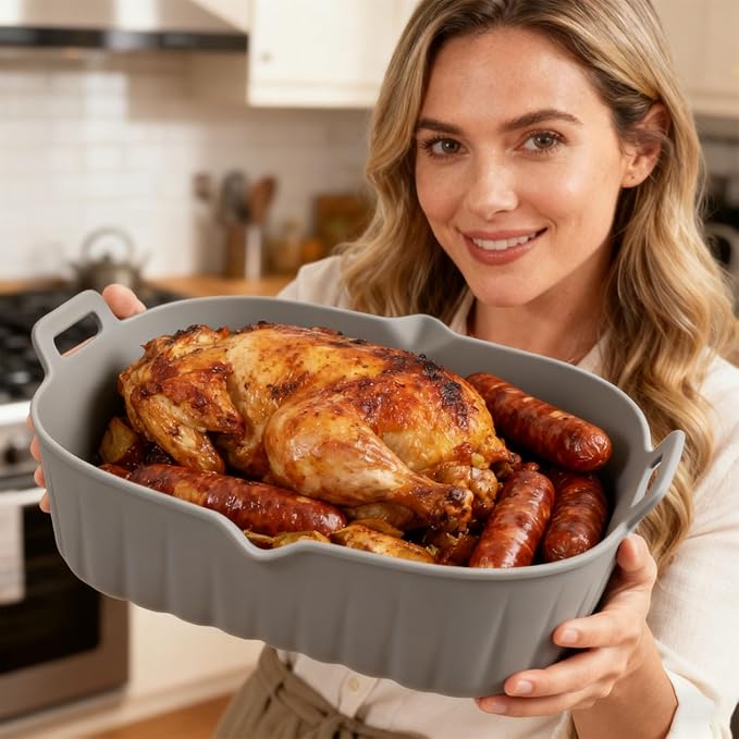 2 Pack Air Fryer Liners,8.2 Inch Silicone Airfryer Liners,Air Fryer Accessories,Reusable Baking Tray Oven Accessories,Replacement of Flammable Parchment Paper,Thickened(RED&GREY)
