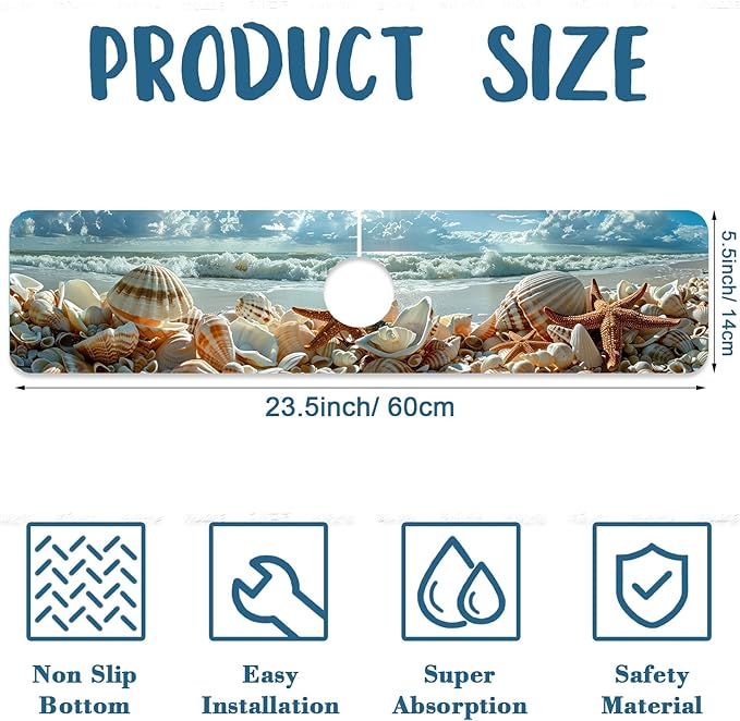 Beach Sink Splash Guard Shells Starfish Waves Faucet Absorbing Mat Fast Drying Mat Sink Gadgets Splash Guard Behind Faucet Drip Catcher for Kitchen Bathroom, 23.5"x5.5"