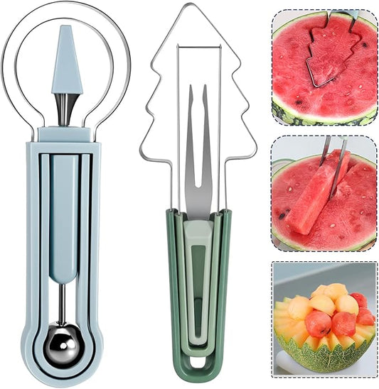 3-in-1 Watermelon cutter slicer tool set,Includes Christmas Tree Shaped Watermelon Slicer Cutter Tool and Melon Baller Scoop,Fruit Carving Tools for Watermelon,Cantaloupe and Dragon Fruit.